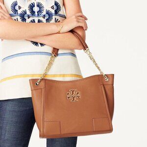 Tory Burch Britten Bark Tan Pebbled Leather Small Slouchy Chain Tote Bag